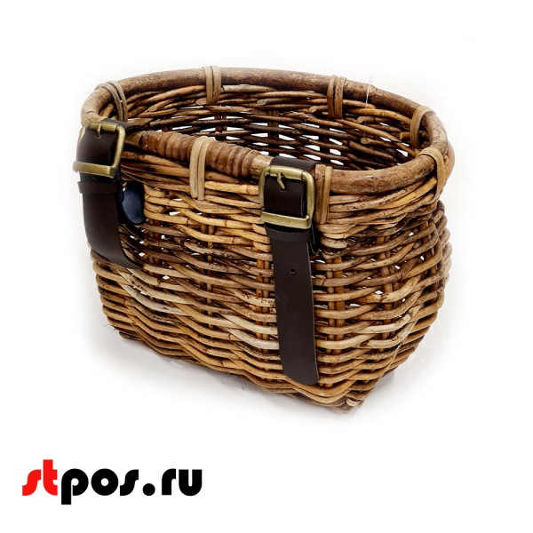 00_Корзинка для велосипеда плетеная из натурального ротанга,кожанными ремнями,320х250х210 мм, Коричневый