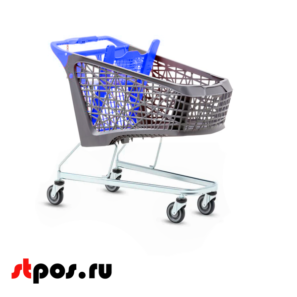 02_Тележка покупательская Salsa 150л, бплатф,корзина, Серый,задняя стенка,дет.сидение,ручка,Синий