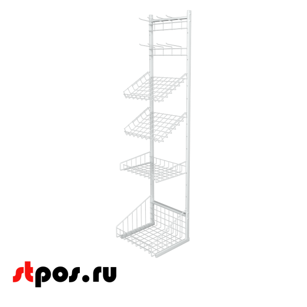 00_НАБОР Стойка прикассовая односторонняя 440 мм(1 корзина, полки 1прямая, 2наклон, 2 гребенки), Белый