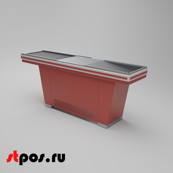 00_Кассовый бокс Stream-L-220-Т90 (тр-р 90см, ш.нерж.,без вырезов,узкий нак.), RAL3000, Красный, Правый