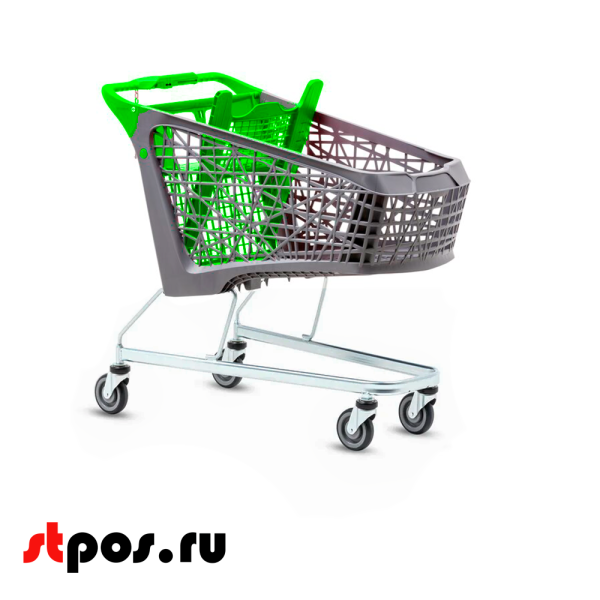 02_Тележка покупательская Salsa 150л, бплатф,корзина, Серый,задняя стенка,дет.сидение,ручка,Зеленый