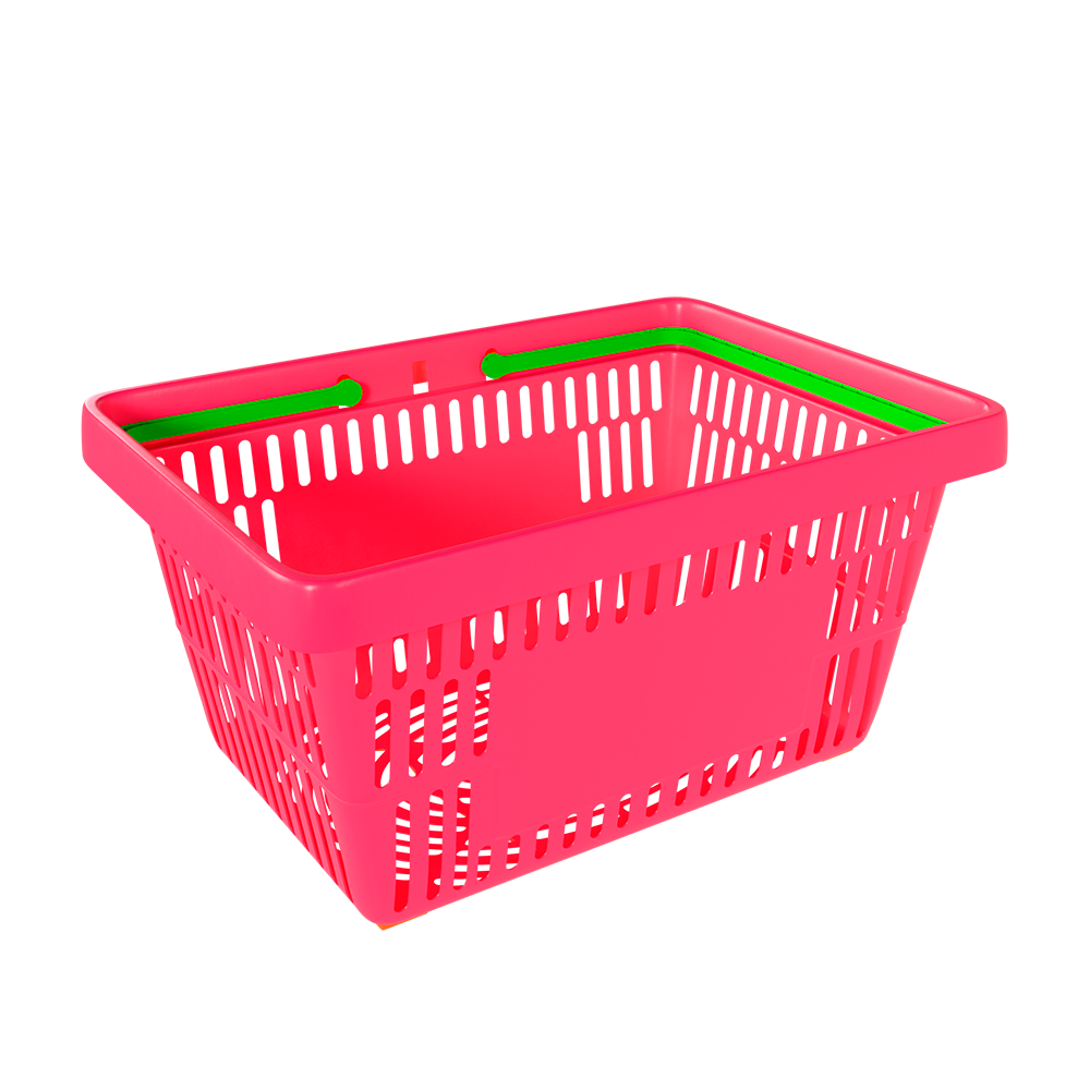 sk_2_Корзина покупательская пластиковая РОЗОВАЯ (флюр) с 2 салатными ручками УСИЛЕННАЯ ROCK SE 20 л