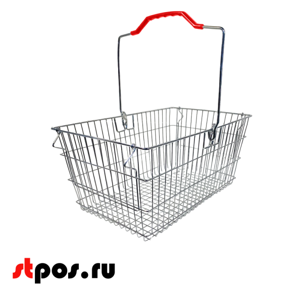 00_Корзина покупательская металлическая с одной ручкой с фиксацией 20 л, Хром, Красная