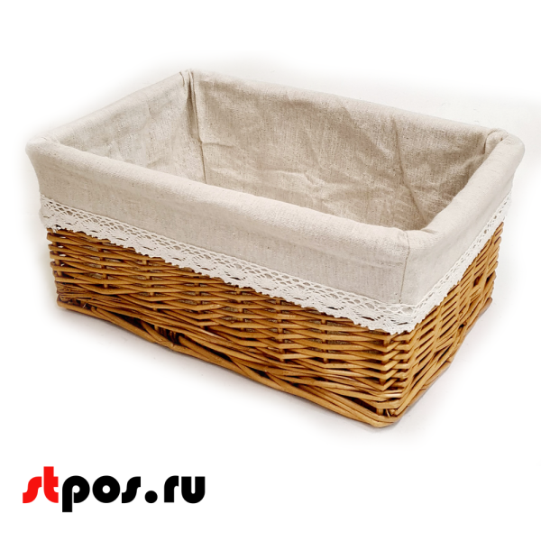 00_Корзинка прямоугольная плетенная из цельной ивовой лозы, внутри ткань, 420х290 мм, Коричневая