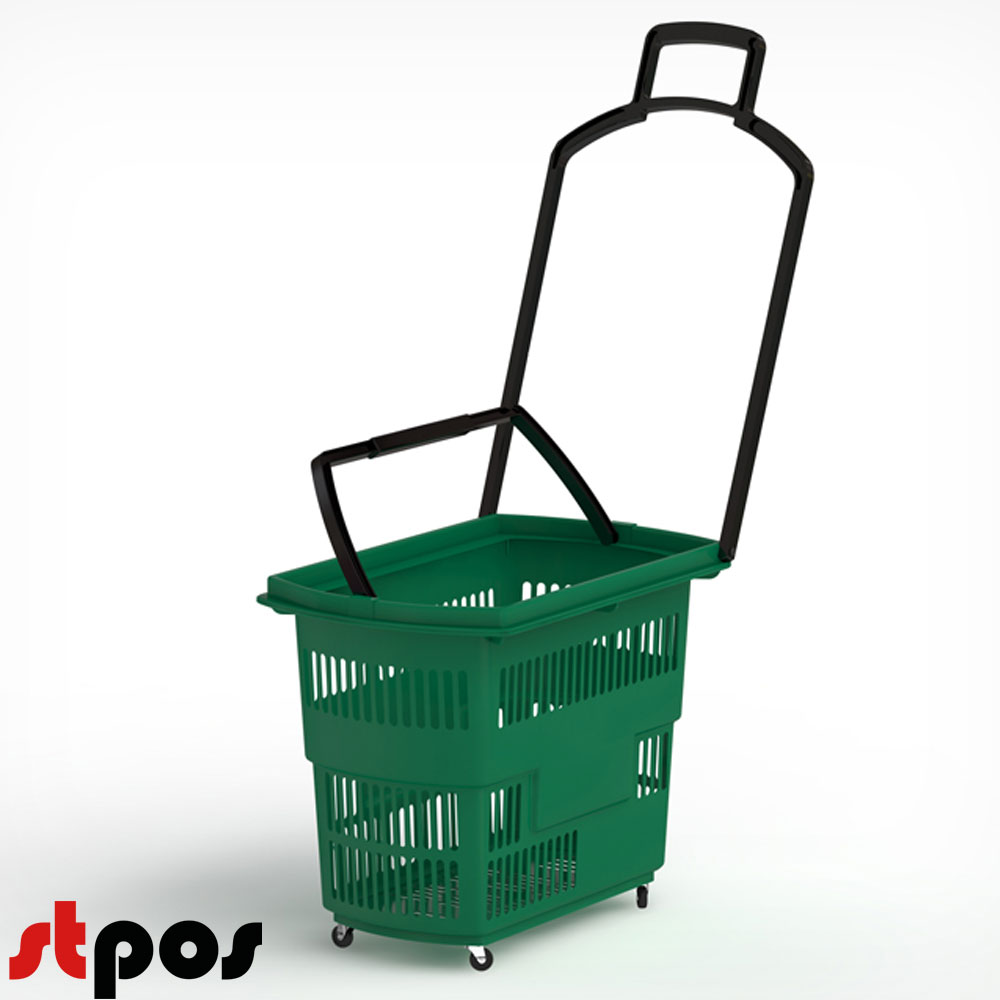 1_Корзина тележка пластиковая 4 колеса 45л, 2 ручки, Зеленый, GN RAL6018