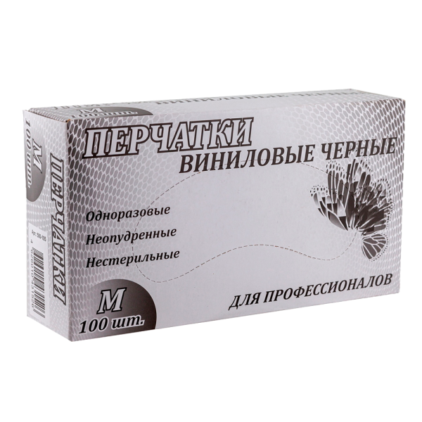 00_Перчатки виниловые смотровые неопудренные, 100шт.уп., 10 уп./кор. М, черные