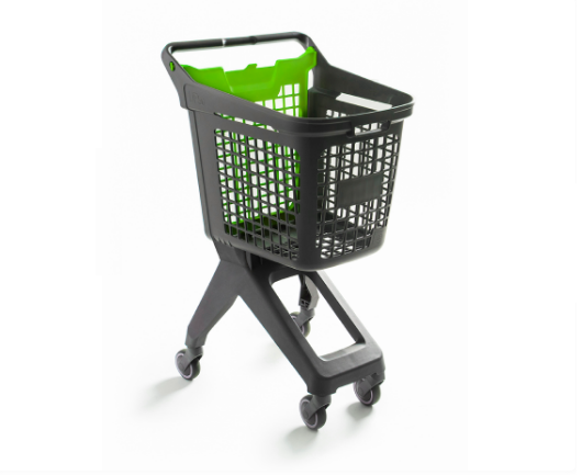 01_Тележка покупательская пластиковая 80л (UP80), 495х630x105мм, серая, задняя стенка корзины зеленая