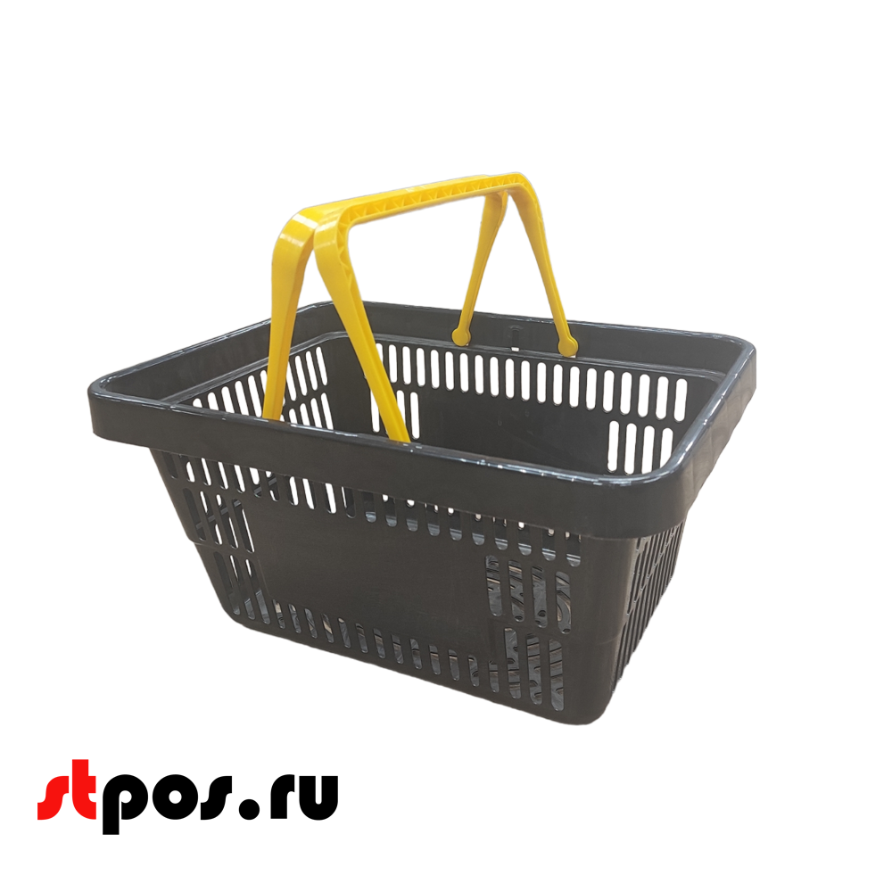 00_Корзина покупательская пластиковая ЧЁРНАЯ с 2 ЖЕЛТЫМИ ручками УСИЛЕННАЯ ROCK 20л