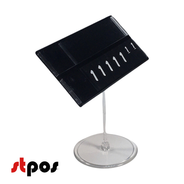 00 Кассета цен формата A7L в прозрачном держателе и на прозрачной круглой ножке. Шрифт — белывй brush (имитация написания кистью). Цвет блокнотов и кассеты — чёрный. Количество цифр целой части цены — 5. На фото кассета в держателе расположена под наклоно