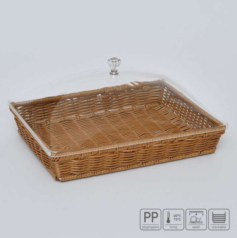 01_Корзина из полиротанга 420х315 (высота бортика 60 мм) с крышкой из поликарбоната,цвет коричневый