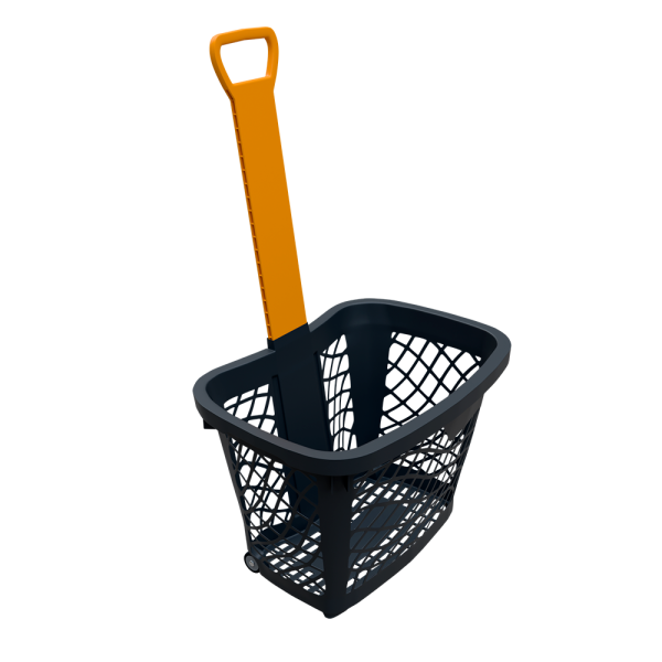 sk_Корзина-тележка покупательская GT40eco пластиковая чёрная на 2 колёсах с оранжевой ручкой
