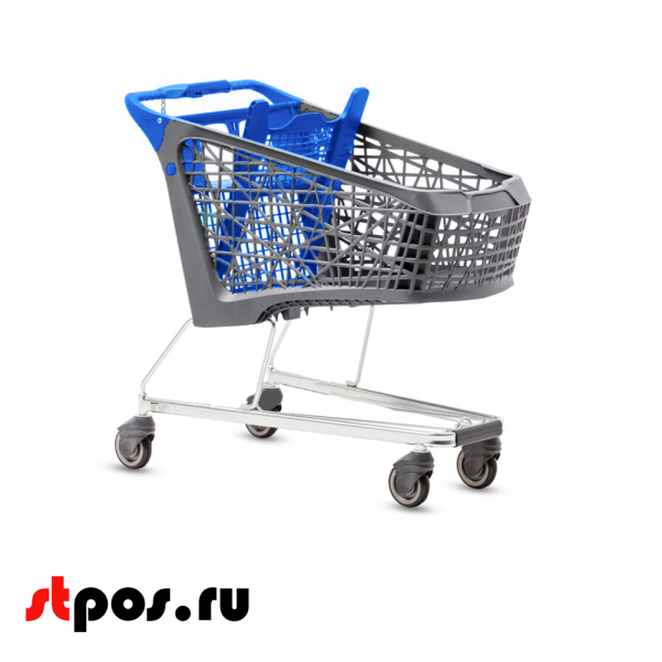 00_Тележка покупательская Salsa 150л, б/платф.Серый,с кол.для травелатора,зад ст,дет.сиден,ручка,Синий