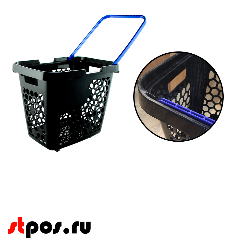 04_УЦЕНКА Корзина-тележка пластиковая 4 колеса 80 литров TECHNO XL Черная с одной Синей ручкой