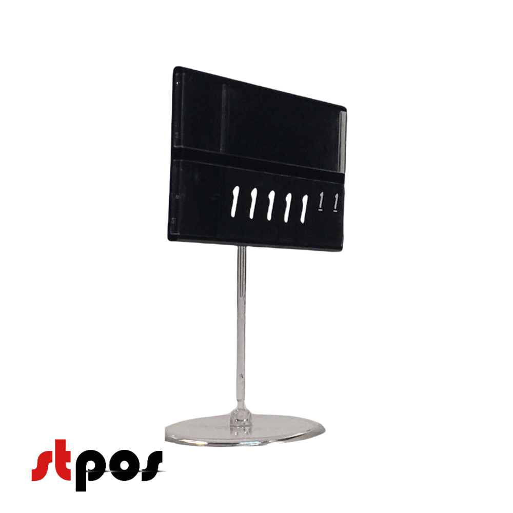 05 Кассета цен формата A7L в прозрачном держателе и на прозрачной круглой ножке. Шрифт — белывй brush (имитация написания кистью). Цвет блокнотов и кассеты — чёрный. Количество цифр целой части цены — 5. На фото кассета в держателе расположена вертикально