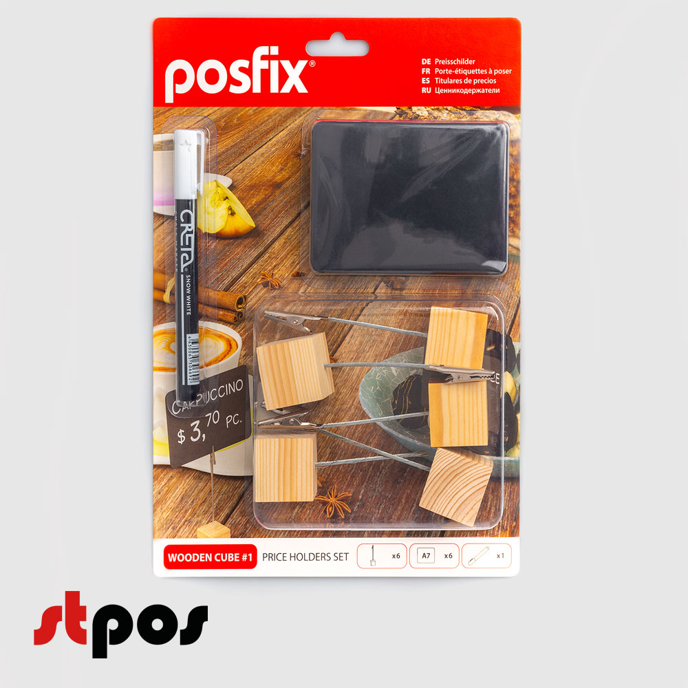 01_Набор держателей ценников  WOODEN CUBE 1 (меловой ценник А7-5шт,маркер-1шт, держатель с зажимом-5шт)