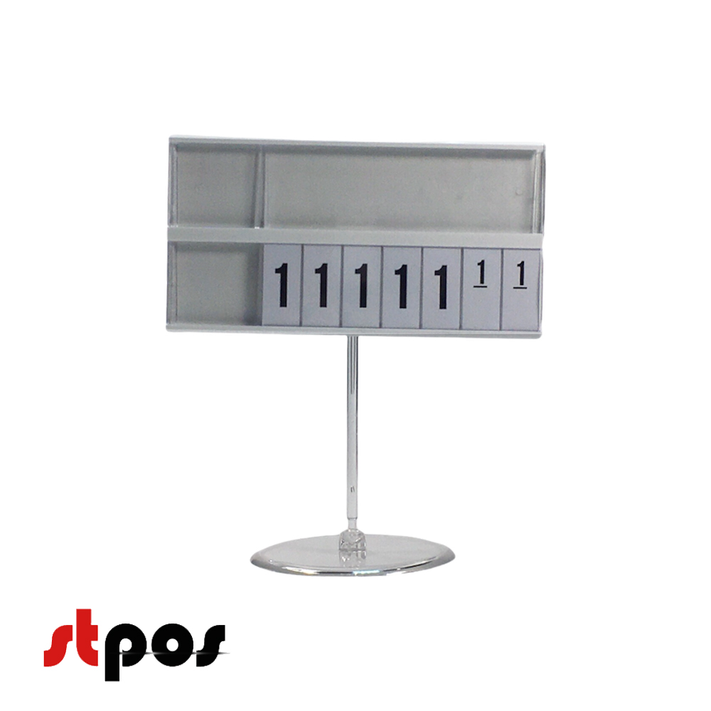 07 Кассета цен формата A7L на прозрачном держателе и с прозрачной круглой ножкой. Цвет кассеты — белый. Шрифт — чёрный Regular, цвет блокнотов — белый. Количество знаков целой части цены — 5. На фото кассета цен расположена на держателе вертикально, ракур