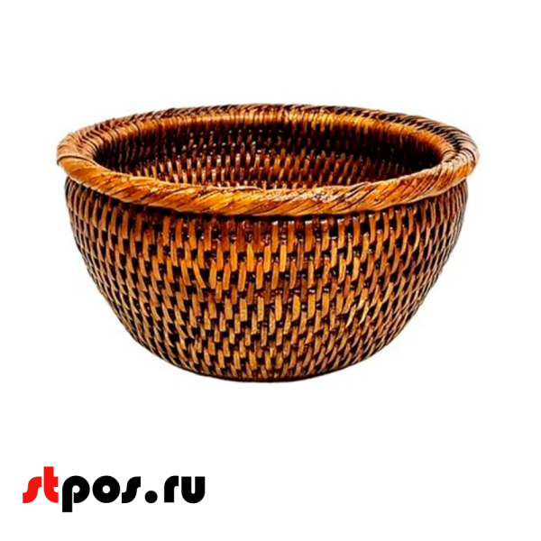 00_Корзинка круглая плетеная из натурального ротанга, D-190 мм, высота 100 мм, Коричневая