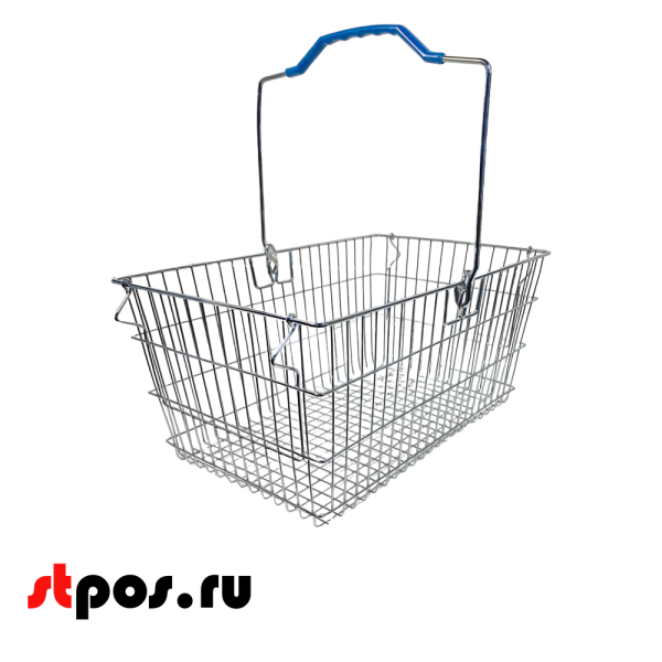 00_Корзина покупательская металлическая с одной ручкой с фиксацией 20 л, Хром, Синяя