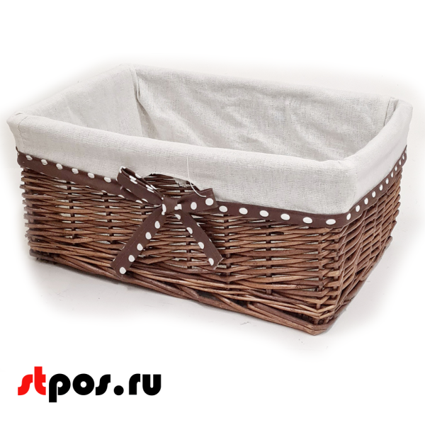 00_Корзинка прямоугольная плетенная из цельной ивовой лозы, внутри ткань, 350х240 мм, Темно-Коричневая