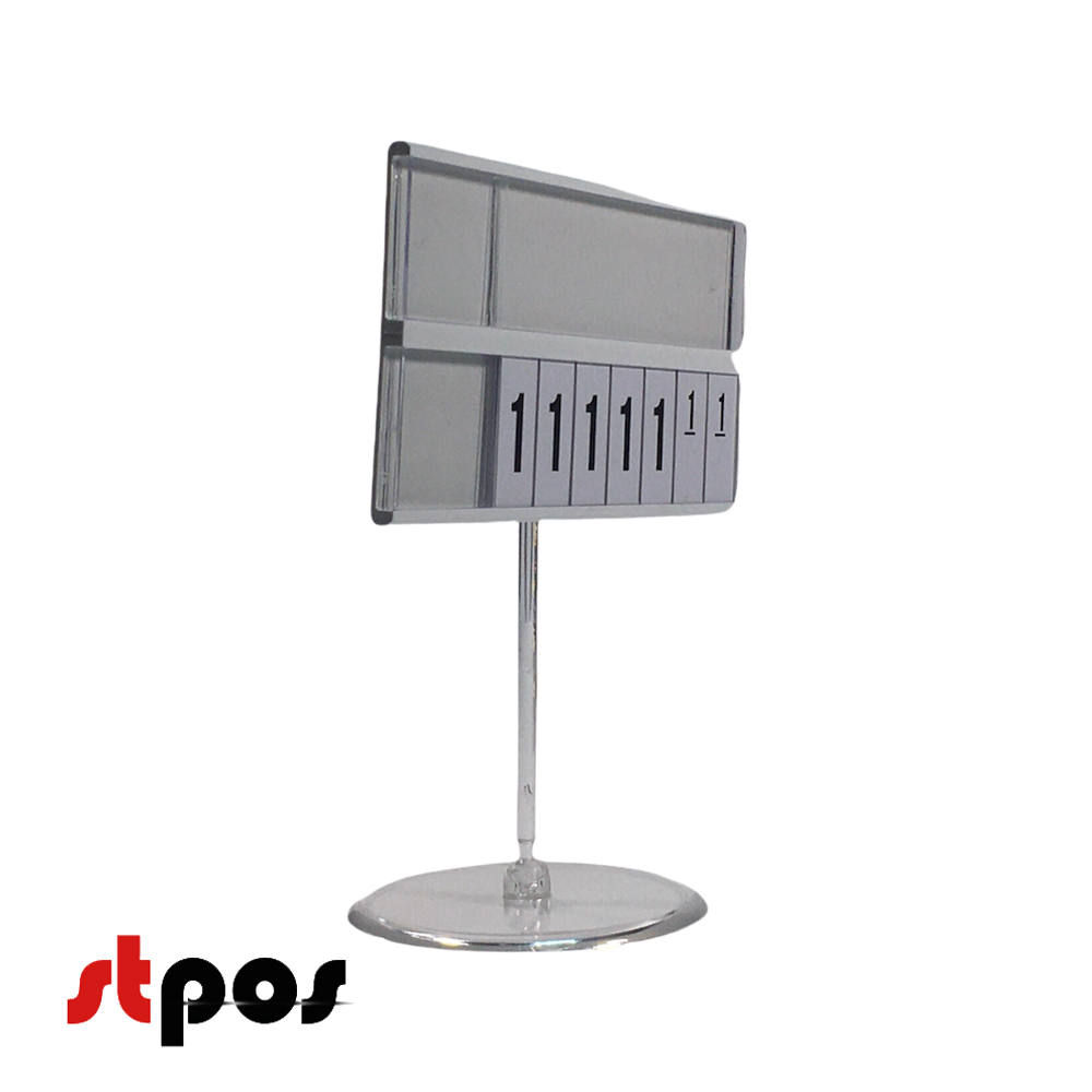 06 Кассета цен формата A7L на прозрачном держателе и с прозрачной круглой ножкой. Цвет кассеты — белый. Шрифт — чёрный Regular, цвет блокнотов — белый. Количество знаков целой части цены — 5. На фото кассета цен расположена на держателе вертикально, ракур