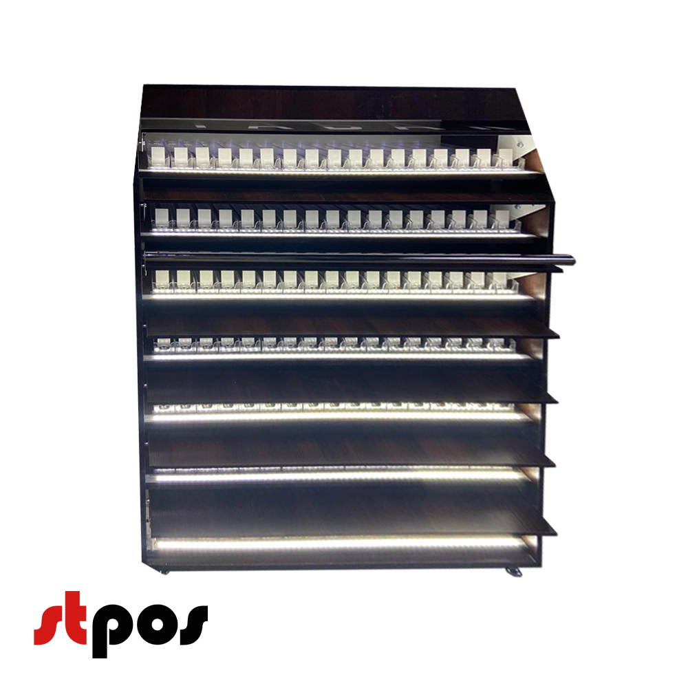 01_Диспенсер сигаретный ЛДСП, 4 полки по 10 видов, 731х420(320)х1270 венге