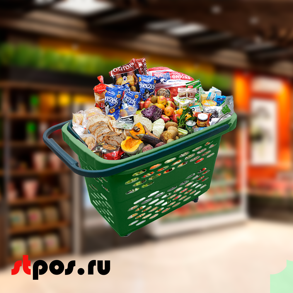 04_Корзина-тележка пластиковая 40л, Зелёная, 4 колеса (2 поворотных), 2 ручки, усиленное дно