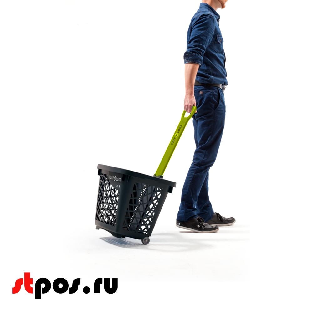 02_Корзина-тележка покупательская Wanzl GT40eco пластиковая чёрная на 2 колёсах с зелёной ручкой