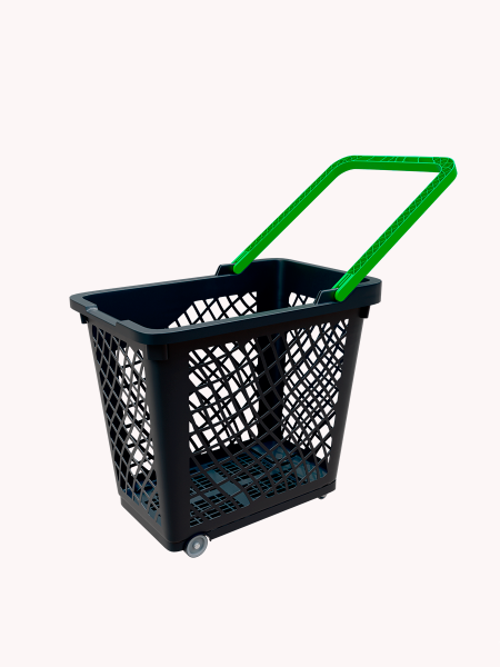 sk_Корзинка покупательская GT60eco 63л,До35кг,4 колеса(2поворот.),RAL9005 Чёрный, Ручка салатовая