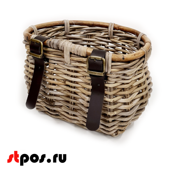 00_Корзинка для велосипеда плетеная из натурального ротанга,кожанными ремнями,320х250х220, Серый