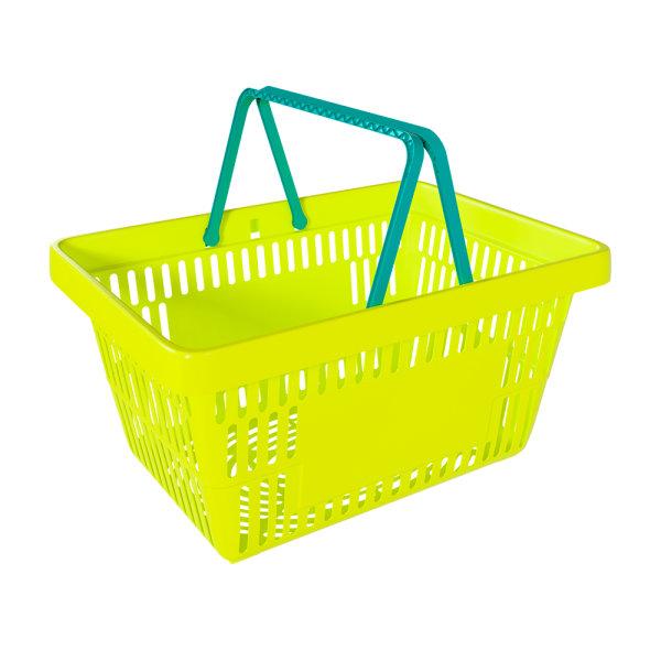 sk_1_Корзина покупательская пластиковая ЛИМОННАЯ (флюр) с 2 бирюзовыми ручками УСИЛЕННАЯ ROCK SE 20 л