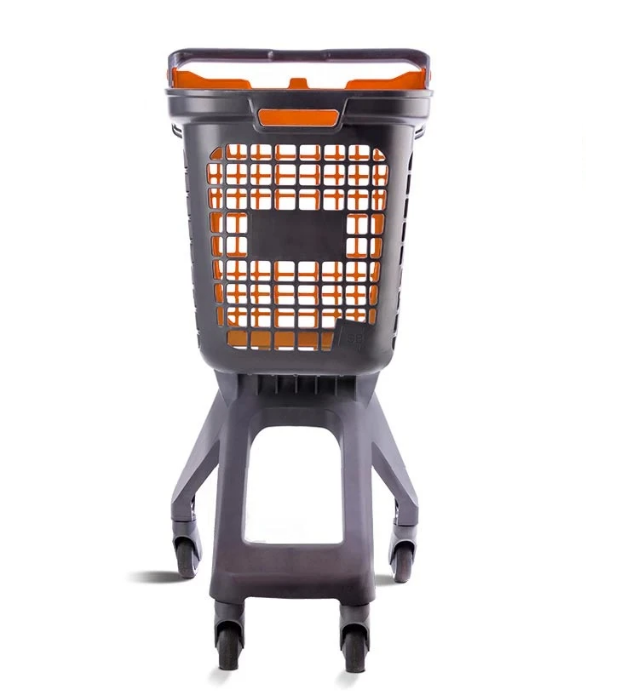 02_Тележка покупательская пластиковая 80л (UP80), 495х630x105мм, серая, задняя стенка корзины оранжевая