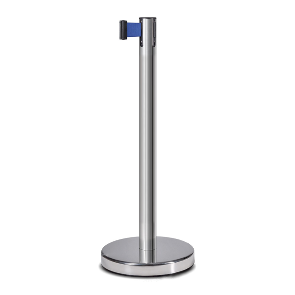 stpos_Стойка ограждения с лентой 3м, высота столбика 850-1200мм,лента 47мм,CHROME blue, с брендированием