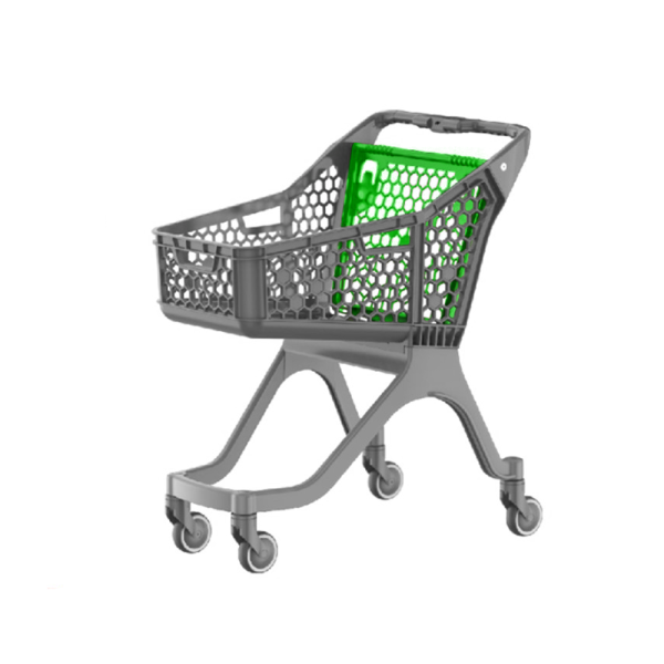 sk_Тележка покупательская пластиковая без д/с SURF S100, 848х570х996мм, Серая, с зелёной задней стенкой