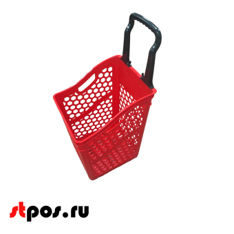 00_Корзина-тележка пластиковая 4 колеса, фиксированная черная ручка, 65л, Красная