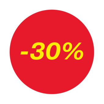 1_Ценники-стикеры самоклеящиеся минус 30%, съемный клей, круг 29мм, красный с желтым (250шт)